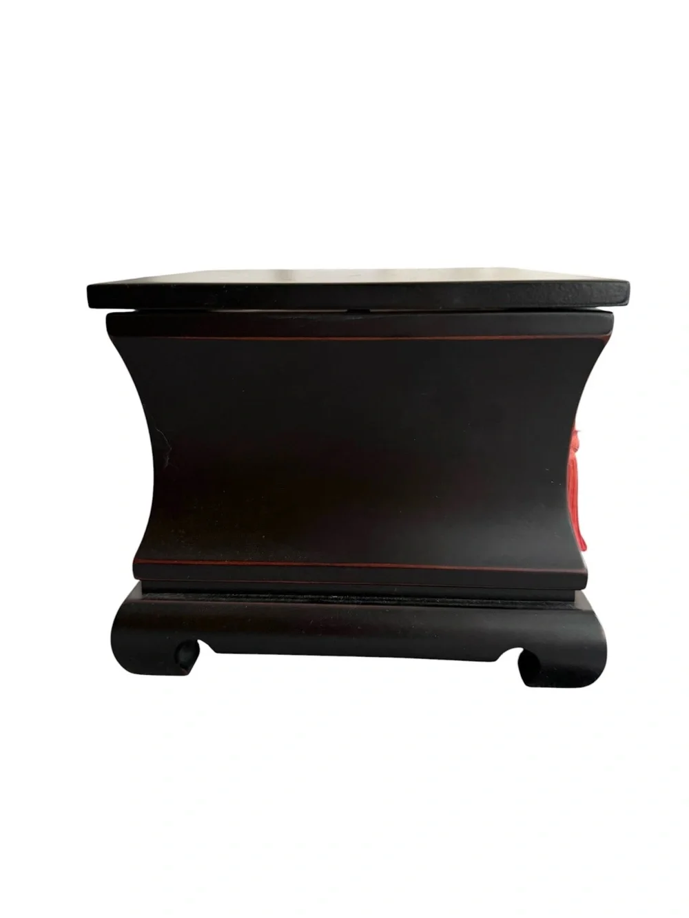 Vintage Asian Black Lacquer Wooden Jewelry Box Glass Top Key Tassel Brass